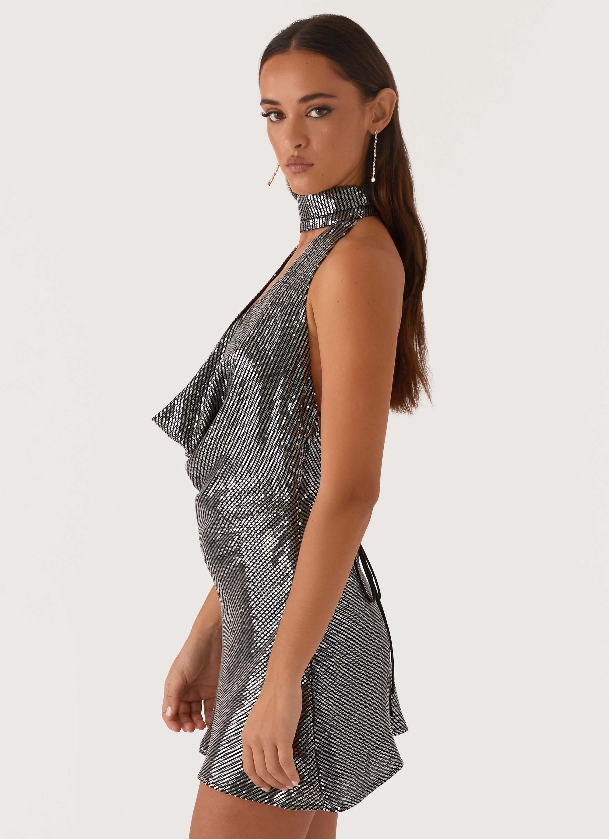 Nora Sequin Cowl Neck Mini Dress - Black Casual Comfort Feminine Comfort