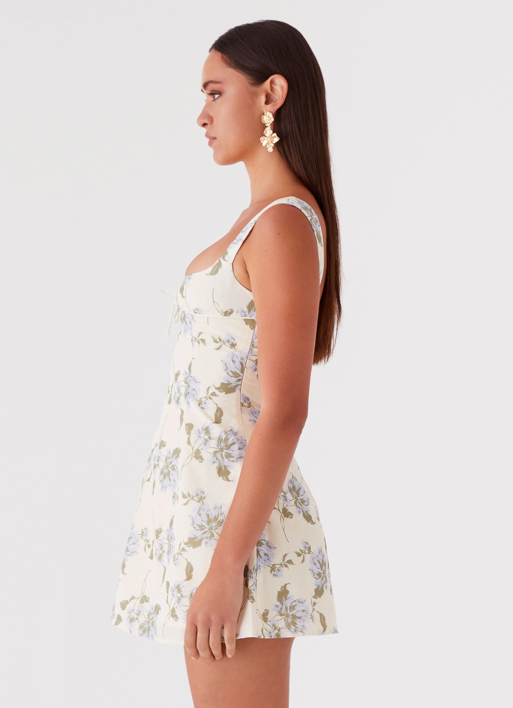 Cadence Mini Dress - Yellow Purple Floral Shore Time Soft touch evening dress
