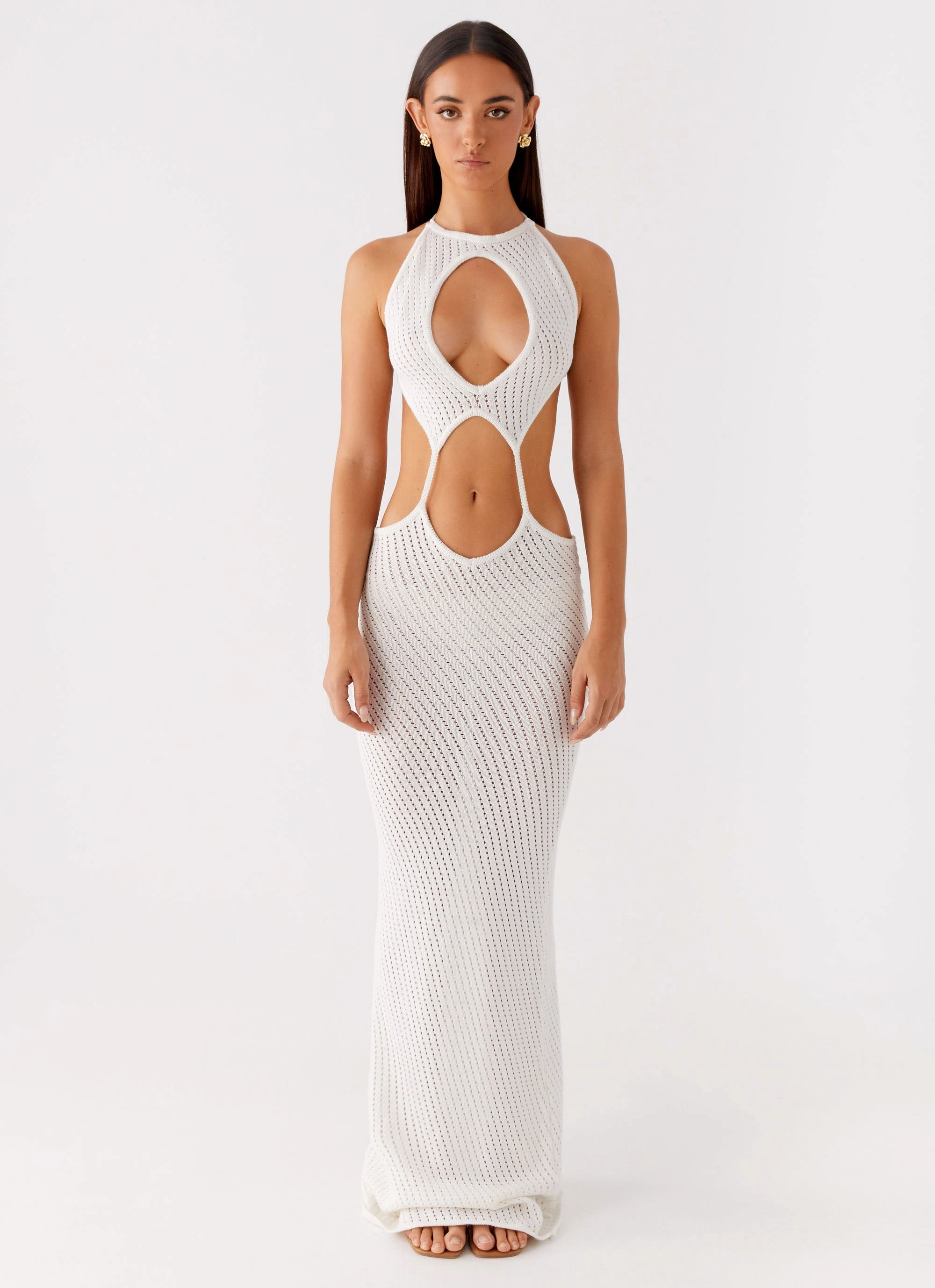 Polite Tone Sleek Waist Caicos Crochet Maxi Dress - White