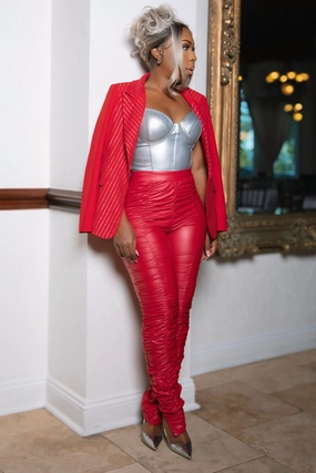 Korean Mood Odor-Control Camille Glitz Detail Pinstripe Power Blazer-Red