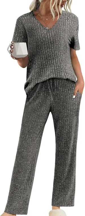 Canbebig Womens 2 Piece Lounge Sets Ribbed Knit Sets V Neck Short Sleeve Top and Drawstring Pants Sets Casual Loungewear