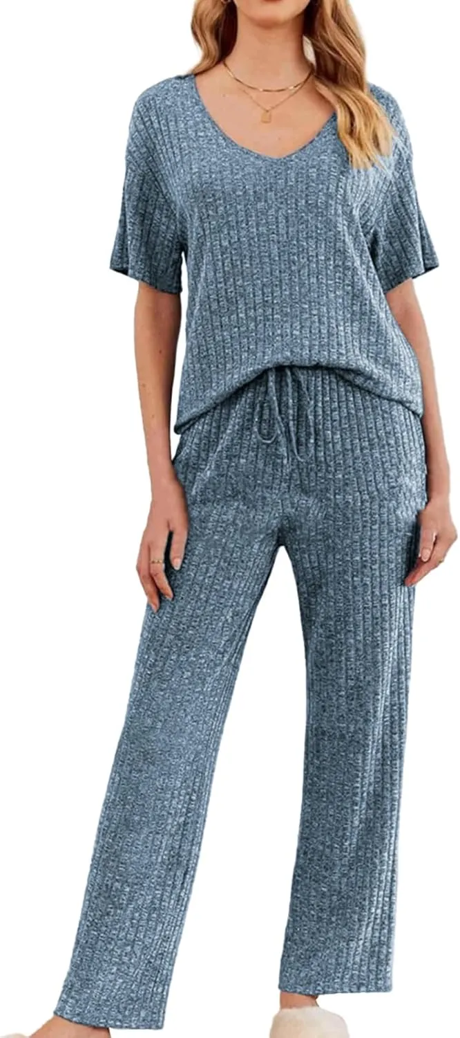 Canbebig Womens 2 Piece Lounge Sets Ribbed Knit Sets V Neck Short Sleeve Top and Drawstring Pants Sets Casual Loungewear