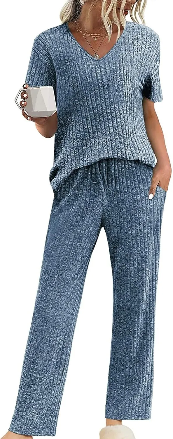 Canbebig Womens 2 Piece Lounge Sets Ribbed Knit Sets V Neck Short Sleeve Top and Drawstring Pants Sets Casual Loungewear