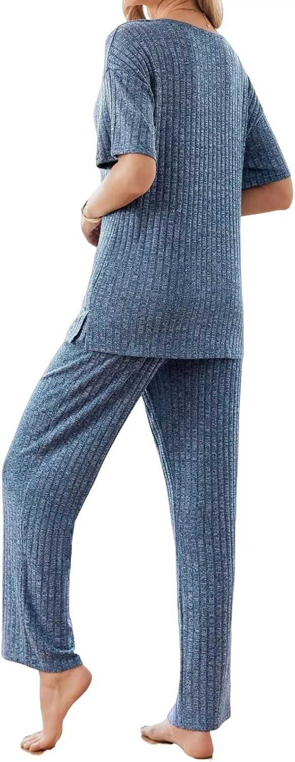 Canbebig Womens 2 Piece Lounge Sets Ribbed Knit Sets V Neck Short Sleeve Top and Drawstring Pants Sets Casual Loungewear