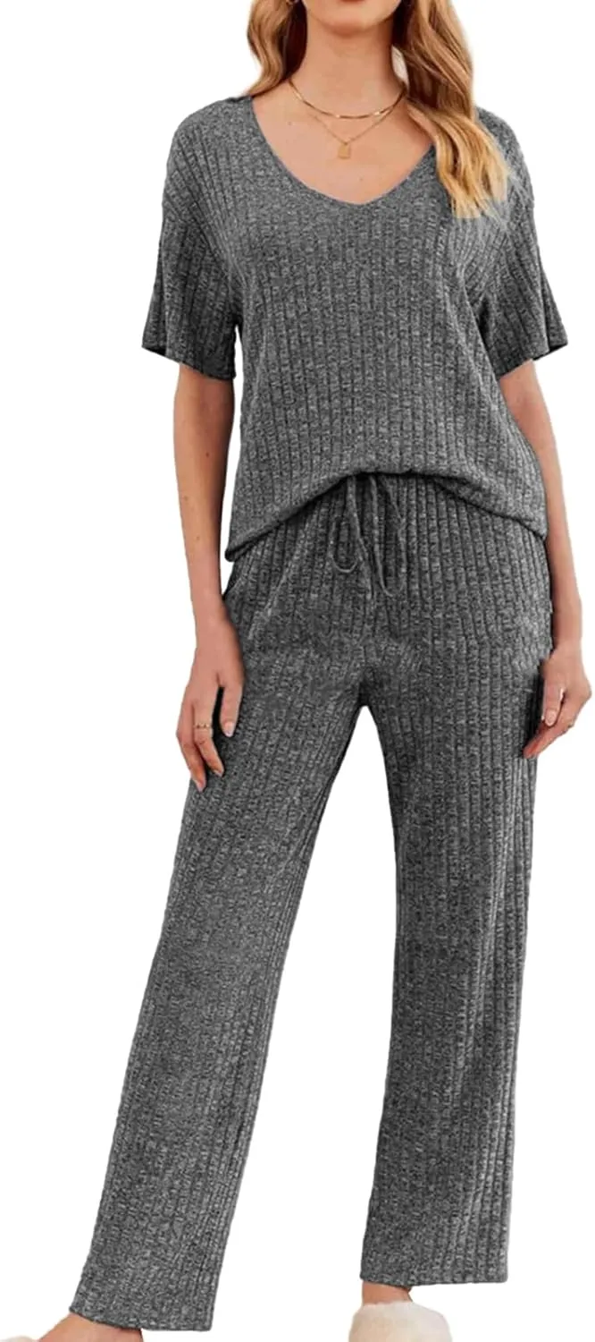 Canbebig Womens 2 Piece Lounge Sets Ribbed Knit Sets V Neck Short Sleeve Top and Drawstring Pants Sets Casual Loungewear