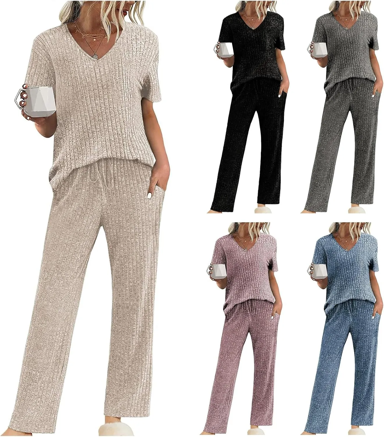 Canbebig Womens 2 Piece Lounge Sets Ribbed Knit Sets V Neck Short Sleeve Top and Drawstring Pants Sets Casual Loungewear