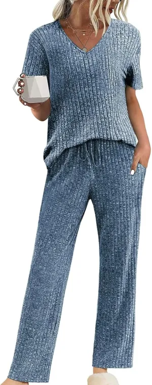 Canbebig Womens 2 Piece Lounge Sets Ribbed Knit Sets V Neck Short Sleeve Top and Drawstring Pants Sets Casual Loungewear