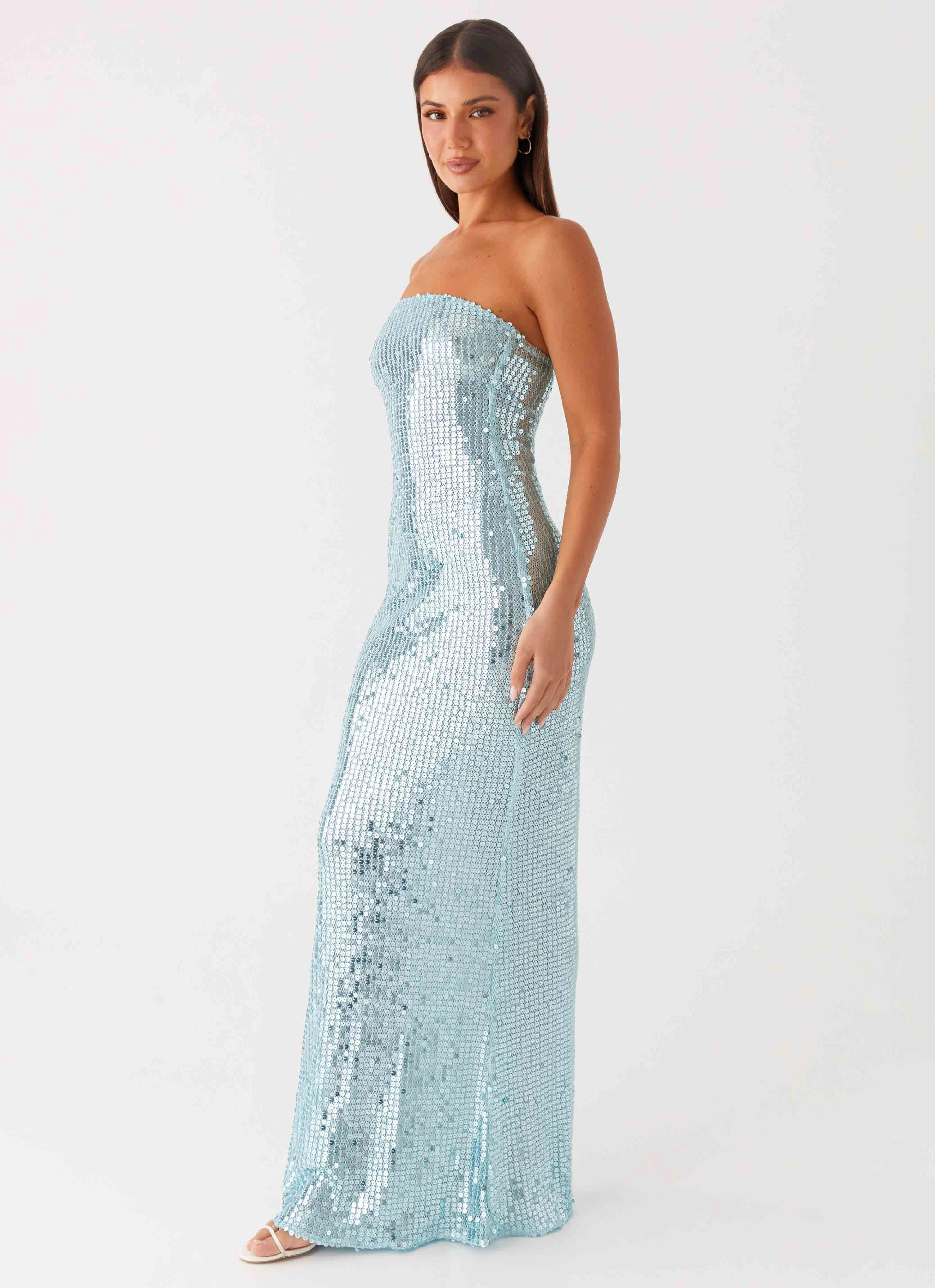 Lyric Sequin Maxi Dress - Turquoise Form Fit