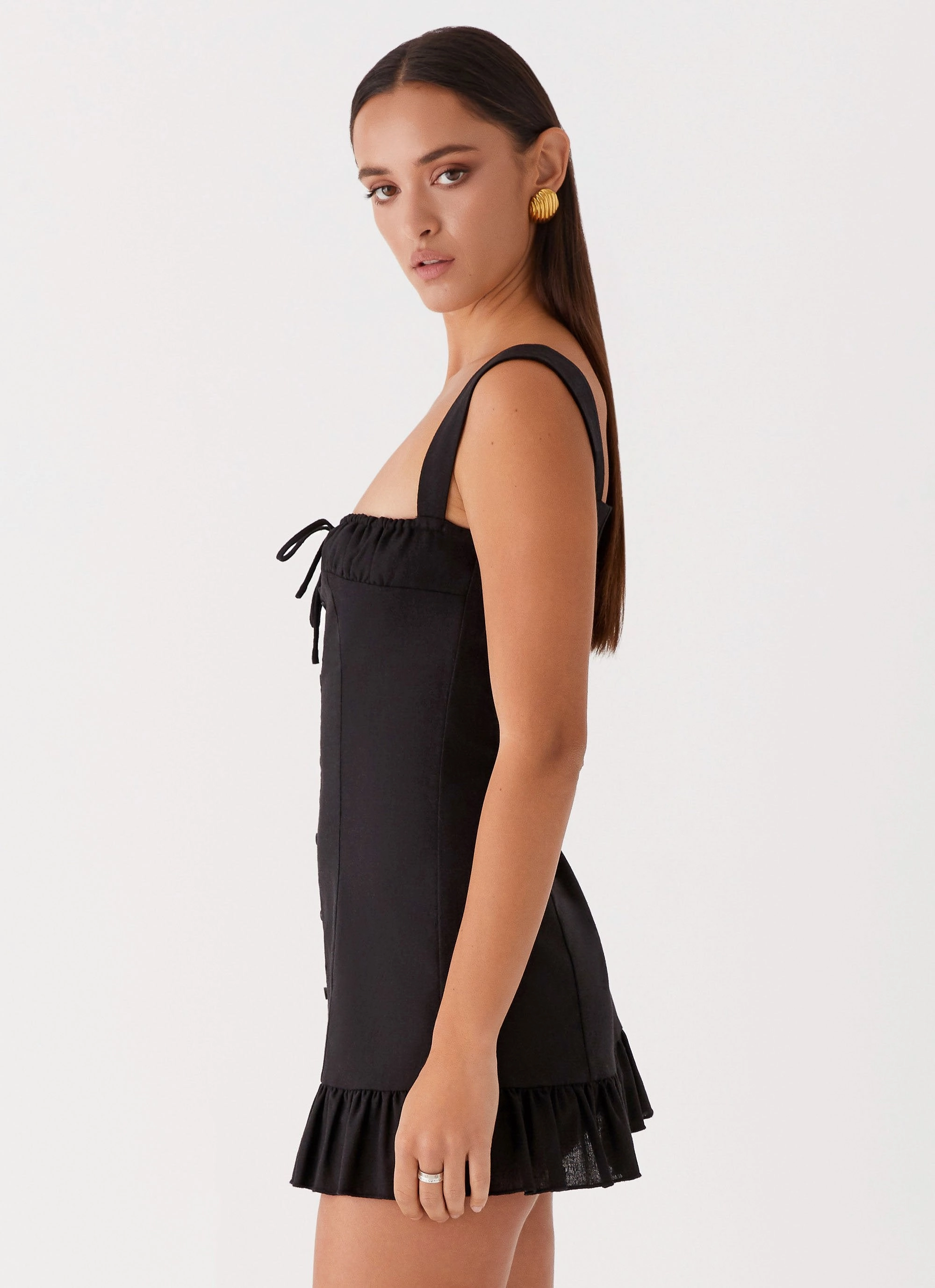 Polished Style Button Chic Kamielle Frill Mini Dress - Black