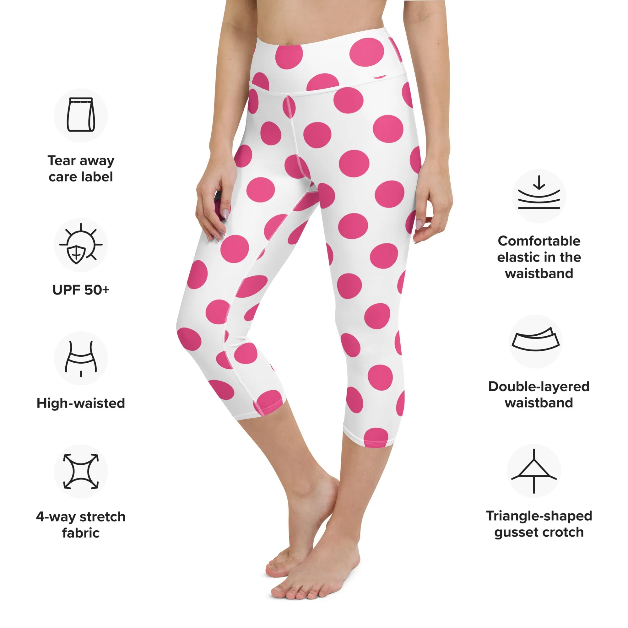 Capri Leggings Cute Pink Polka Dots Yoga Capri Leggings, lioness-love