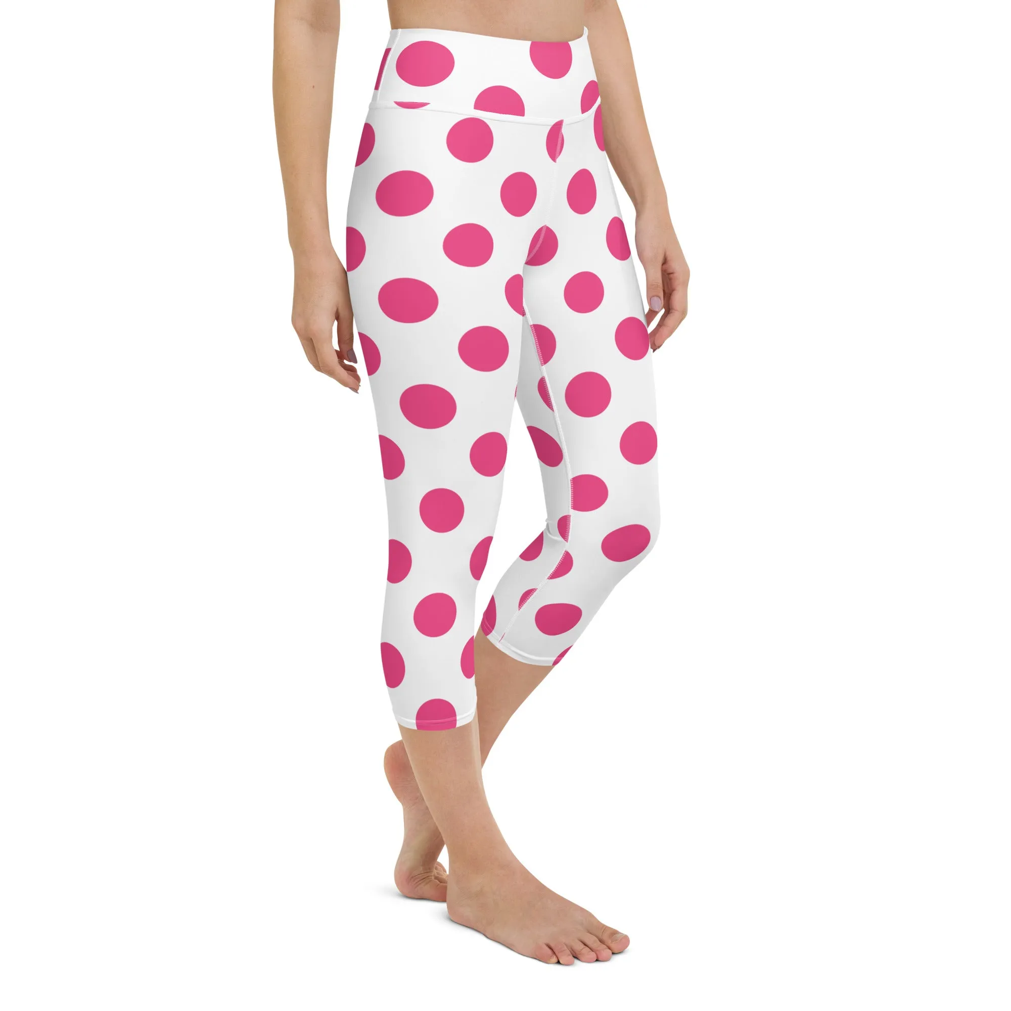 Capri Leggings Cute Pink Polka Dots Yoga Capri Leggings, lioness-love
