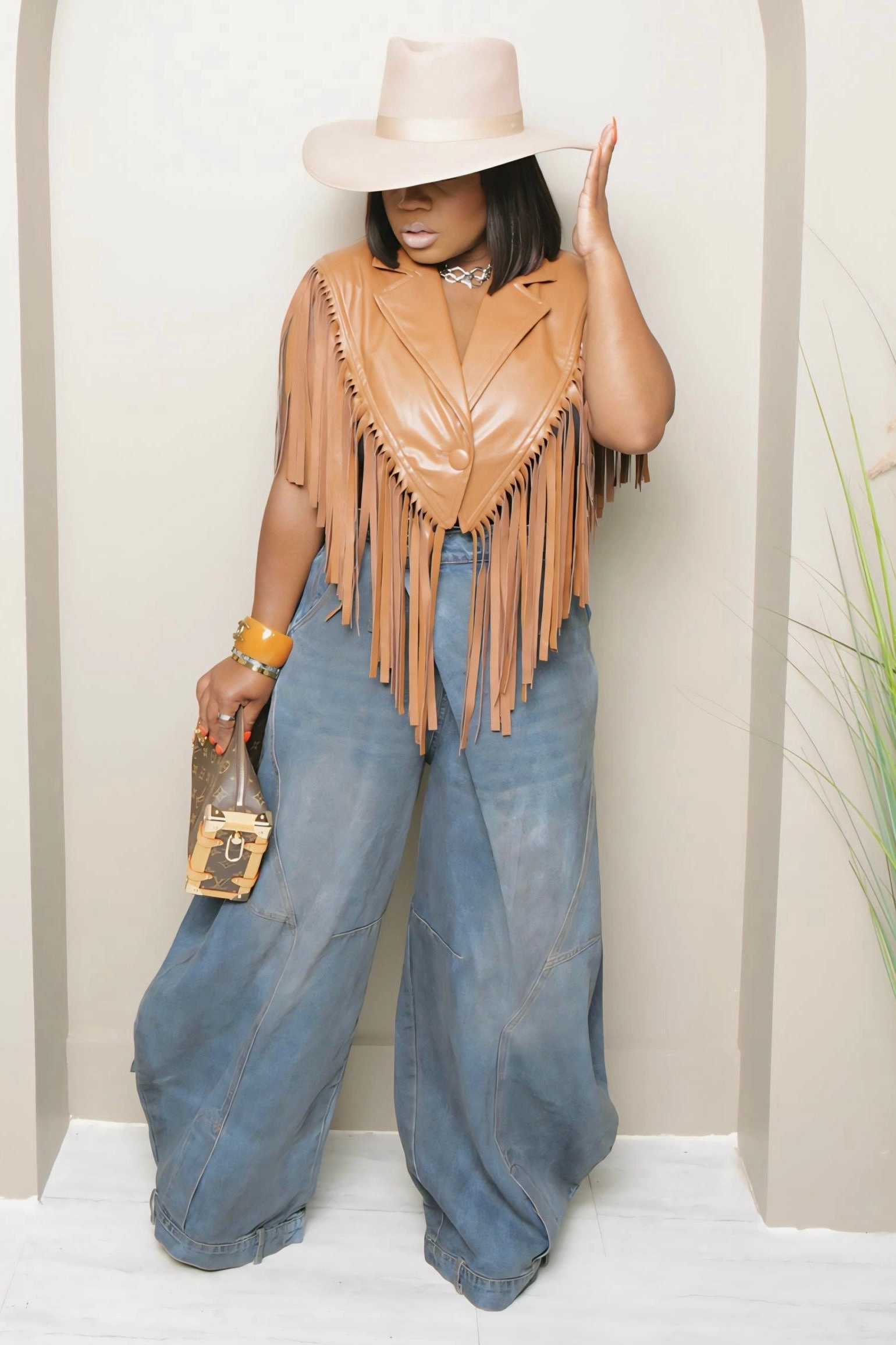 Carla Cropped Fringed Sleeveless Blazer Vest-Brown PlacketDetail Quick Access Pockets