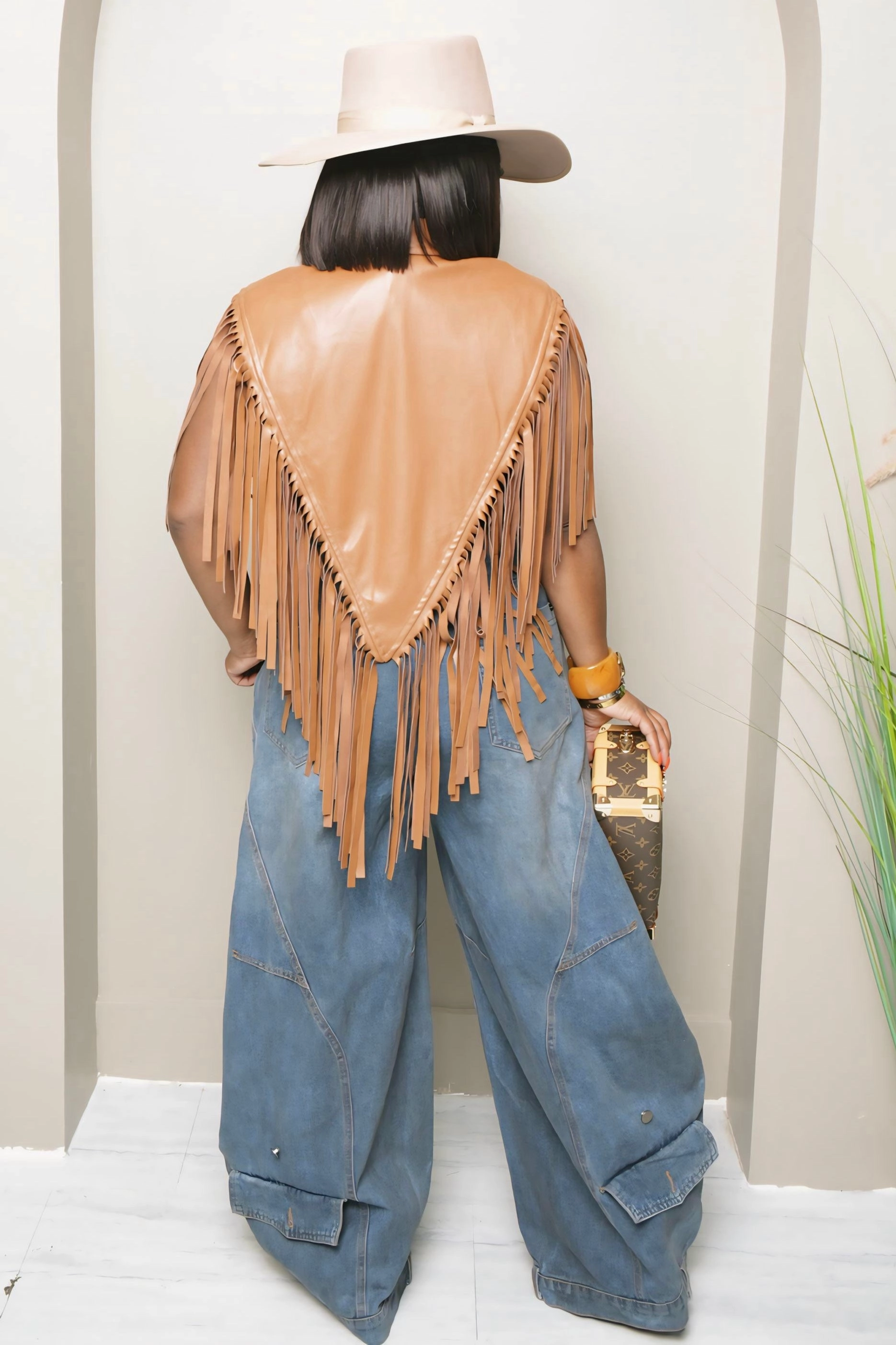 Airflow Weave Pattern Tailored Placket Carla Cropped Fringed Sleeveless Blazer Vest-Brown