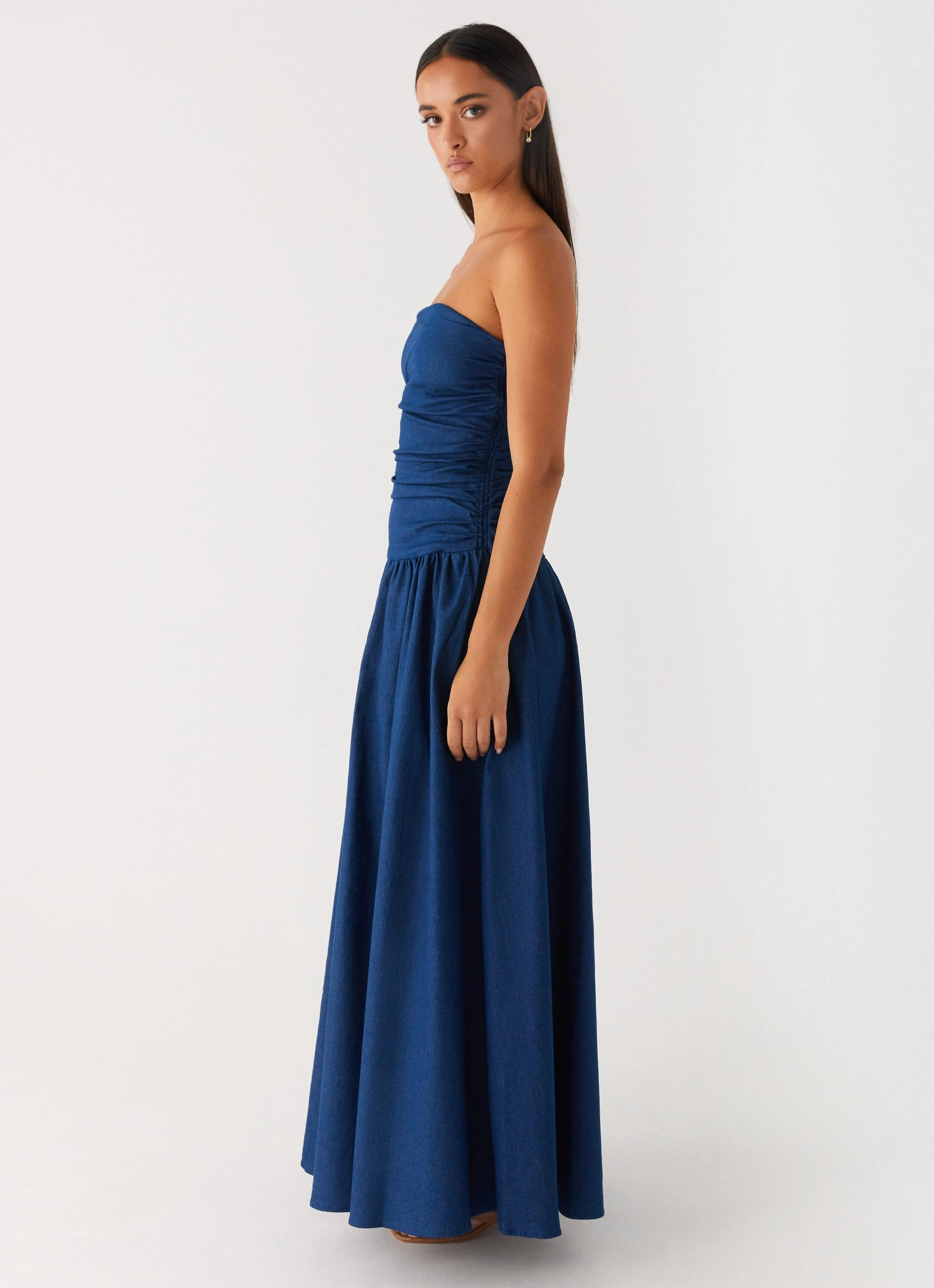 Chilly Weather Layer Carmel Denim Maxi Dress - Indigo