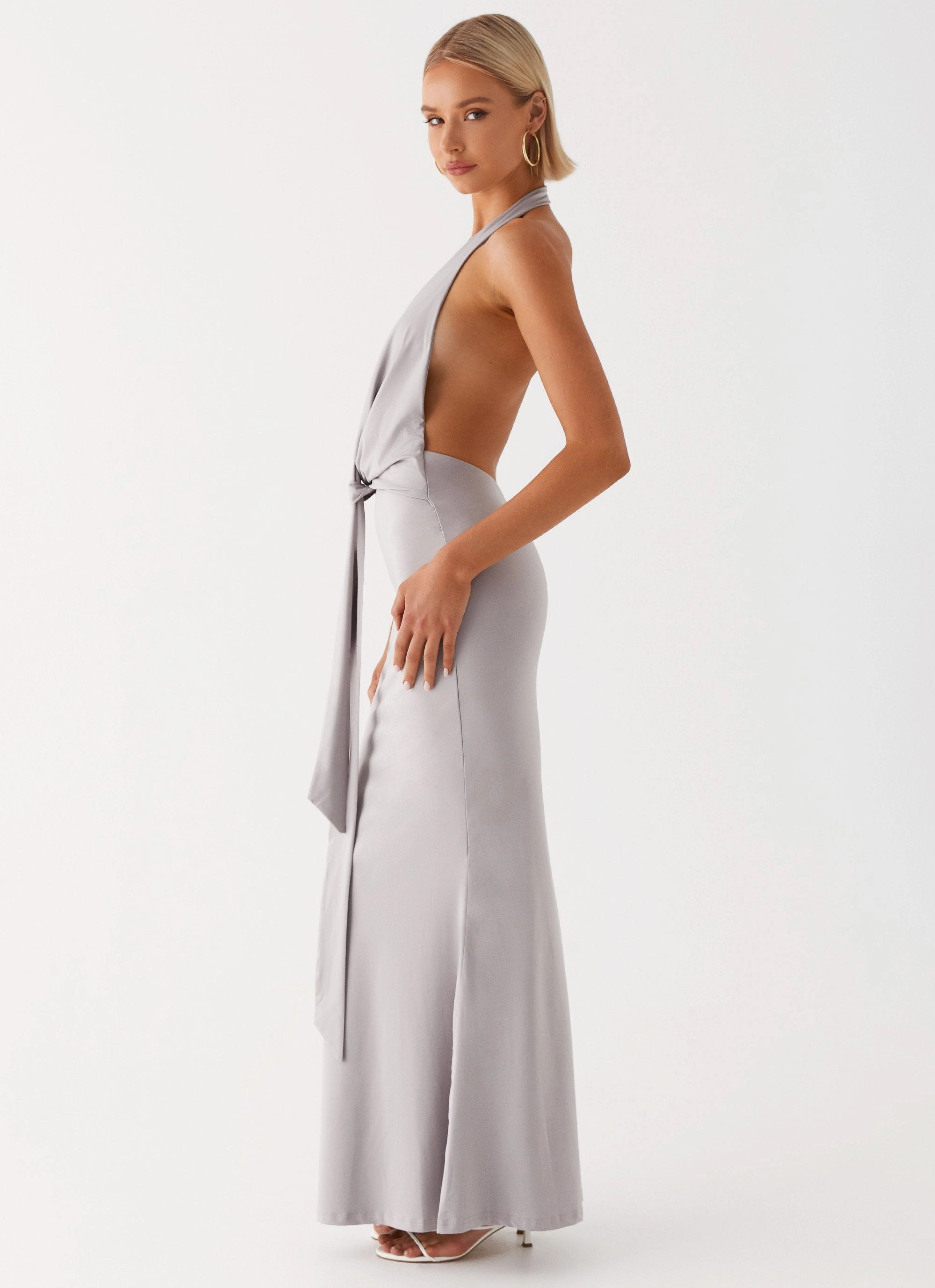 Carmella Maxi Dress - Grey One-Shoulder Knot-Detail