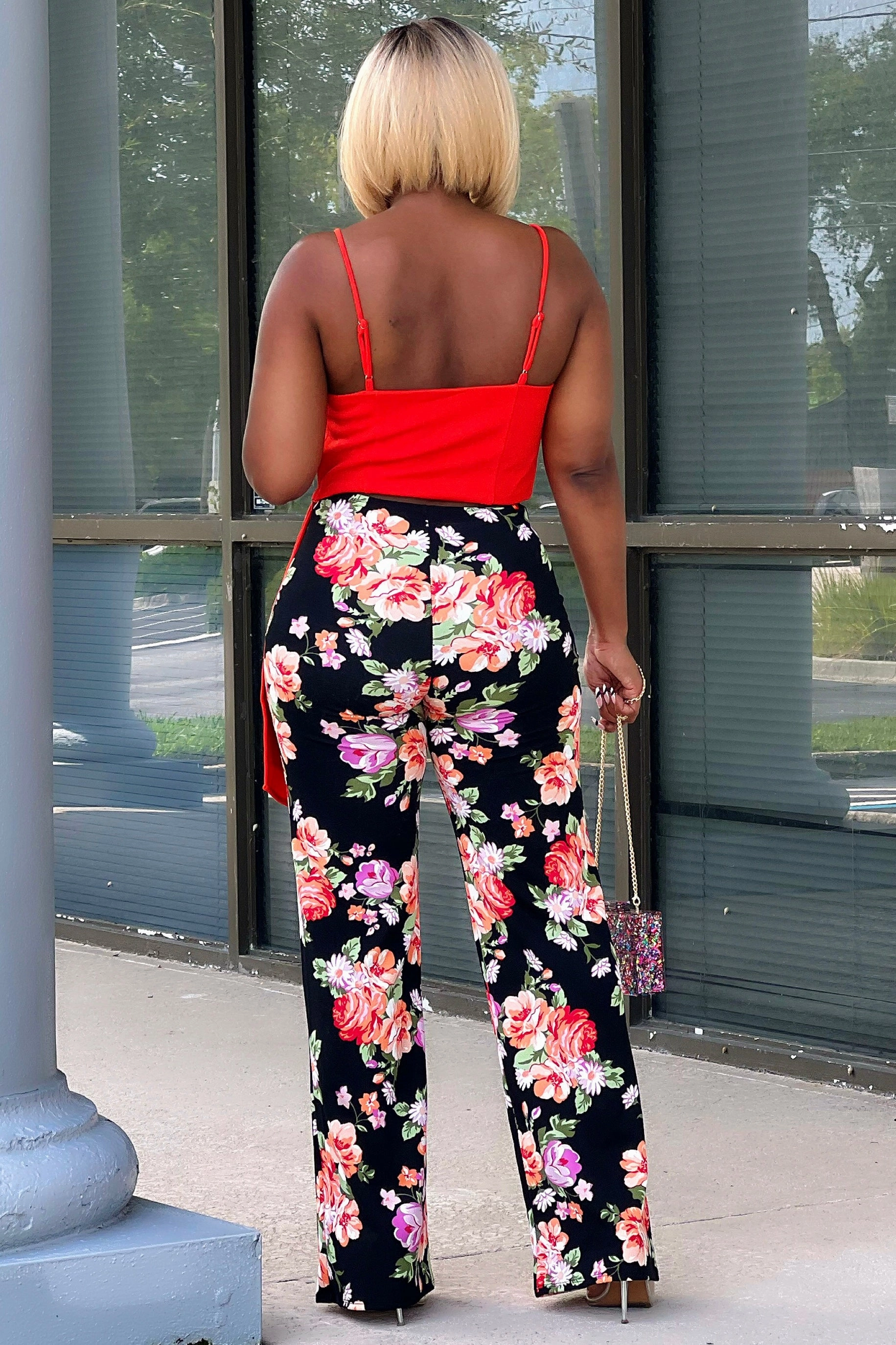 Carmen Floral Flare Leg Pants Red/Lavendar Fast Move