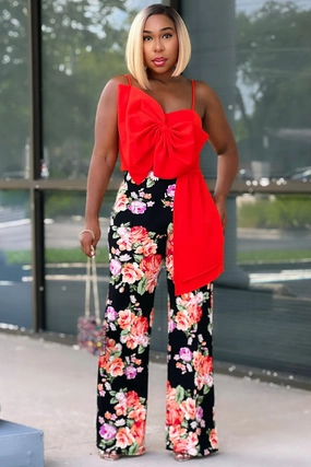 Practical Fit Relaxed Look Carmen Floral Flare Leg Pants Red/Lavendar