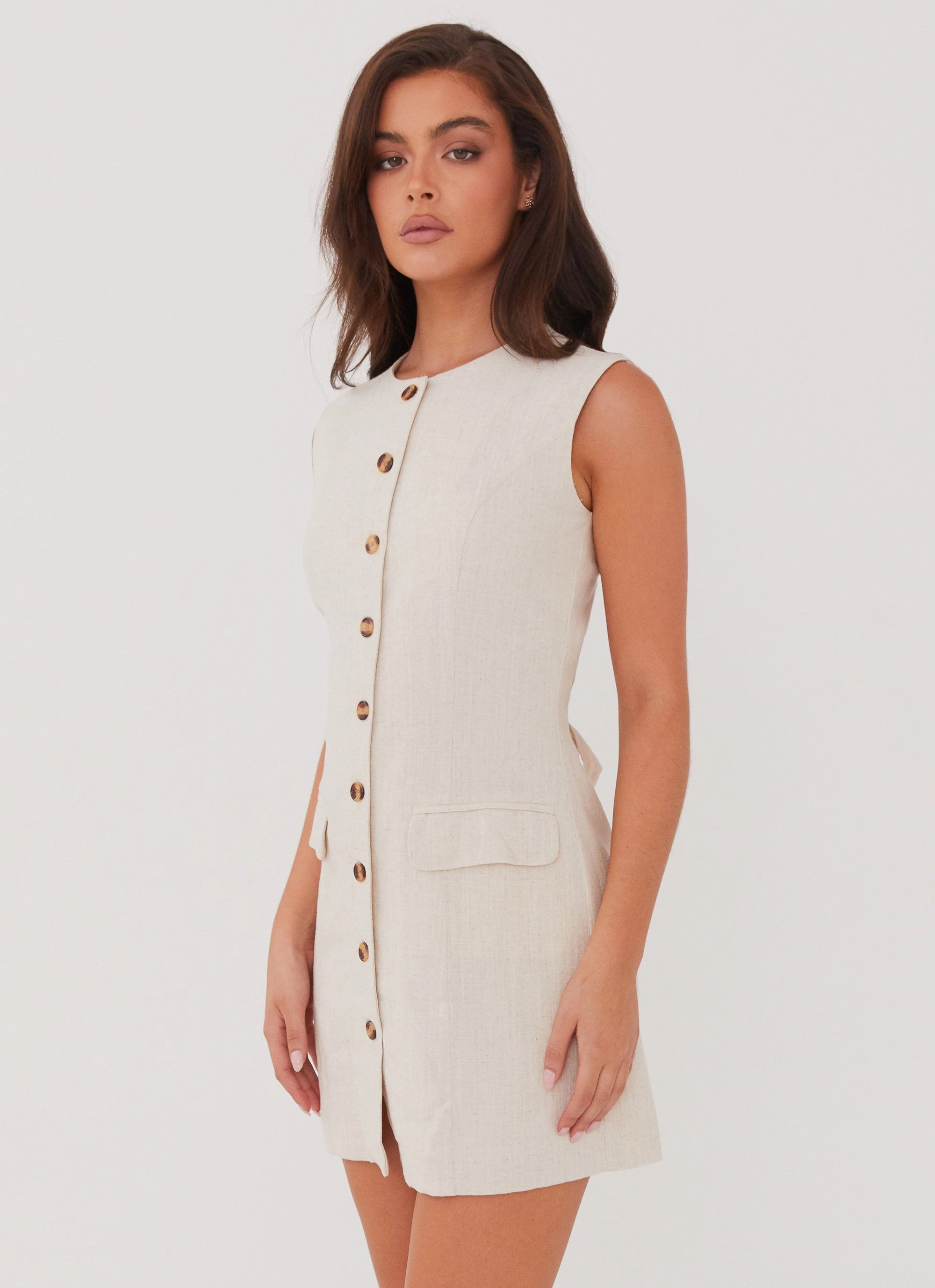 Sheer Panel Eco Friendly Castello Fiore Linen Mini Dress - Oatmeal
