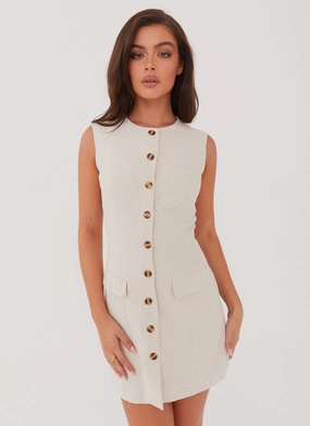 Castello Fiore Linen Mini Dress - Oatmeal Wool-Blend Comfort and Elegance