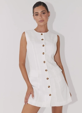 Chilly Weather Wear Texture Rich Castello Fiore Linen Mini Dress - White