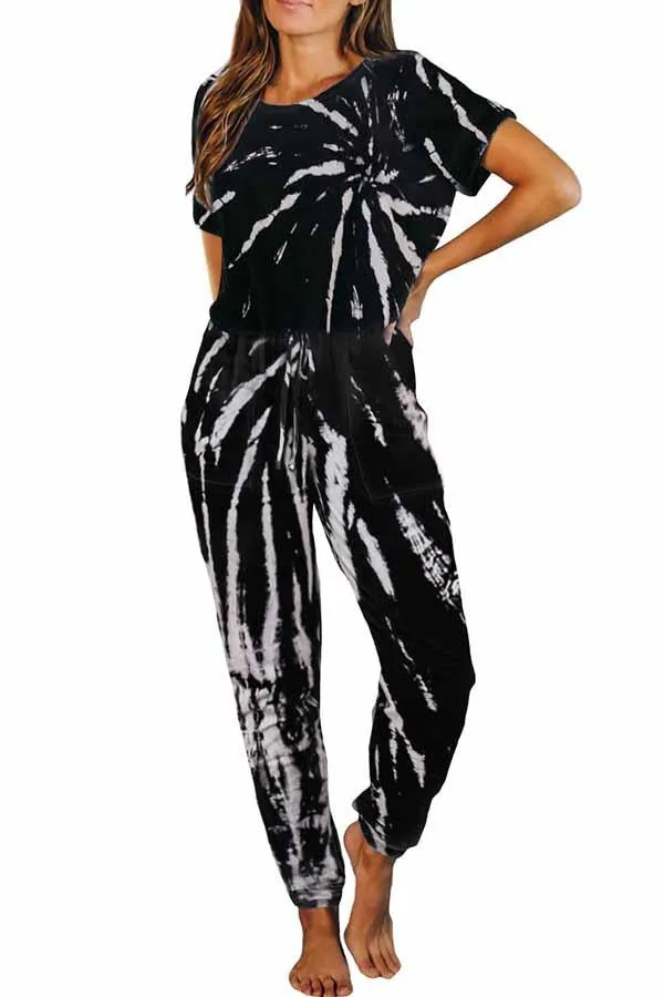 Casual Crew Neck Short Sleeve Tie Dye Jumpsuit