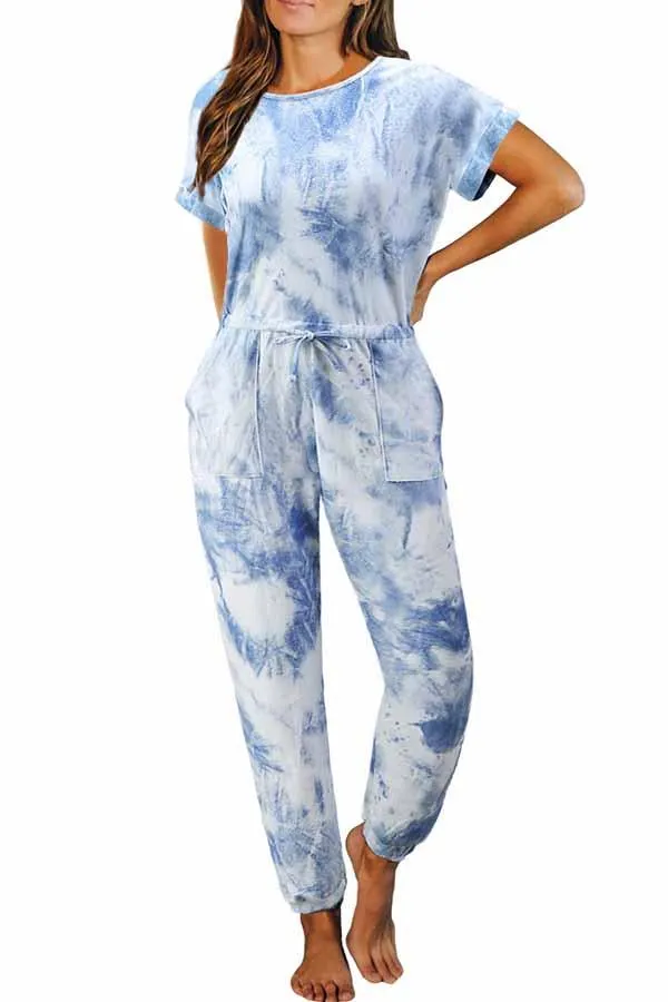Casual Crew Neck Short Sleeve Tie Dye Jumpsuit