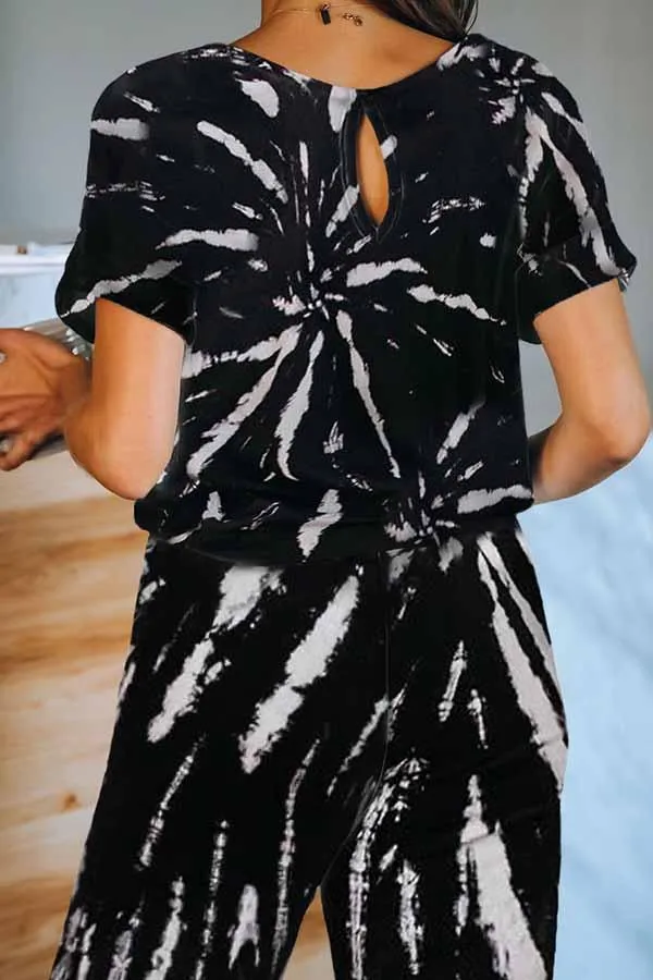 Casual Crew Neck Short Sleeve Tie Dye Jumpsuit