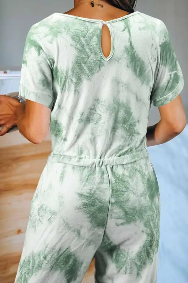 Casual Crew Neck Short Sleeve Tie Dye Jumpsuit