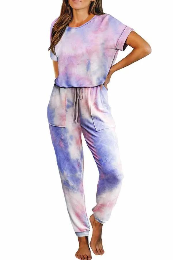 Casual Crew Neck Short Sleeve Tie Dye Jumpsuit