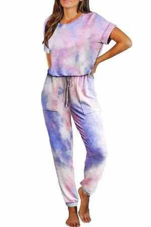 Casual Crew Neck Short Sleeve Tie Dye Jumpsuit