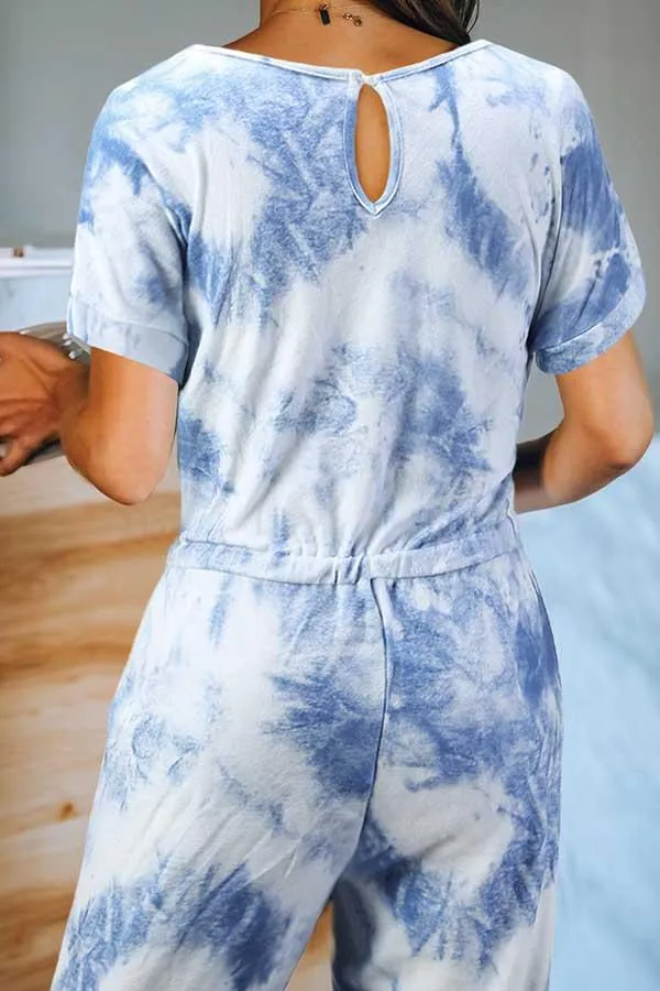 Casual Crew Neck Short Sleeve Tie Dye Jumpsuit