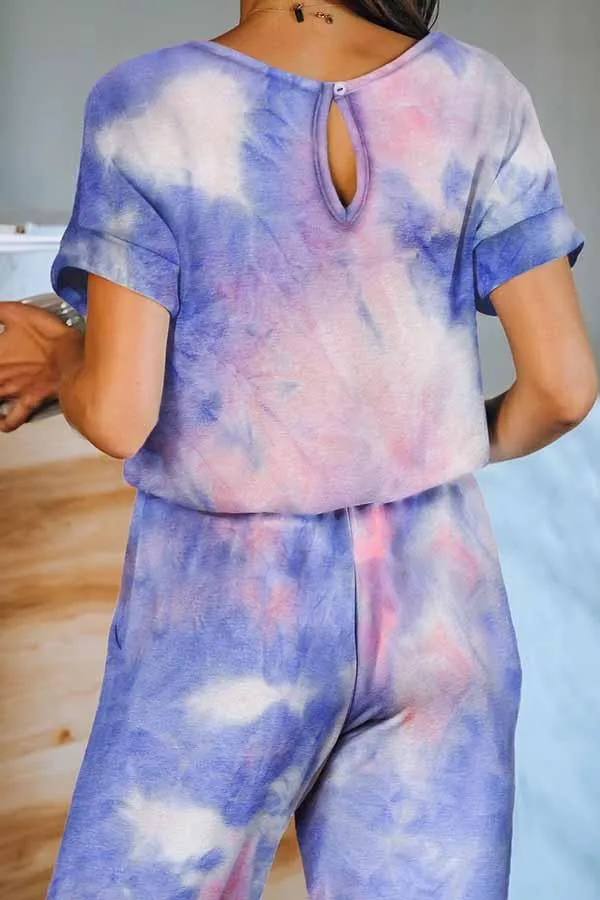 Casual Crew Neck Short Sleeve Tie Dye Jumpsuit