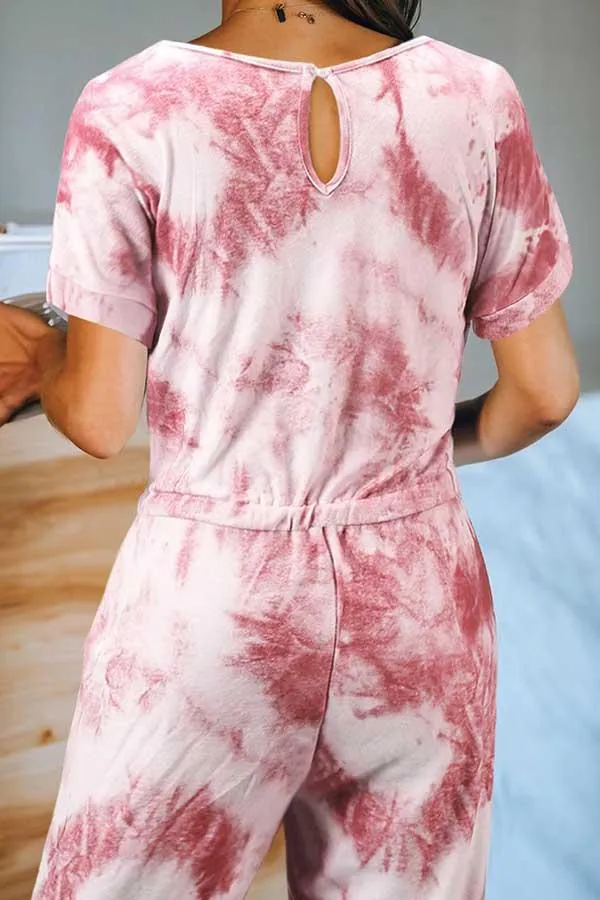 Casual Crew Neck Short Sleeve Tie Dye Jumpsuit