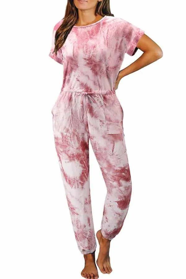 Casual Crew Neck Short Sleeve Tie Dye Jumpsuit