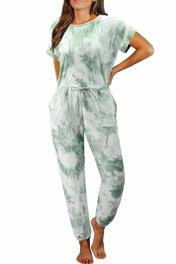 Casual Crew Neck Short Sleeve Tie Dye Jumpsuit
