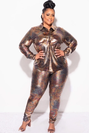 Low-rise style Final Sale Plus Size 2pc Button Up Shirt and Pants Set in Multi Print