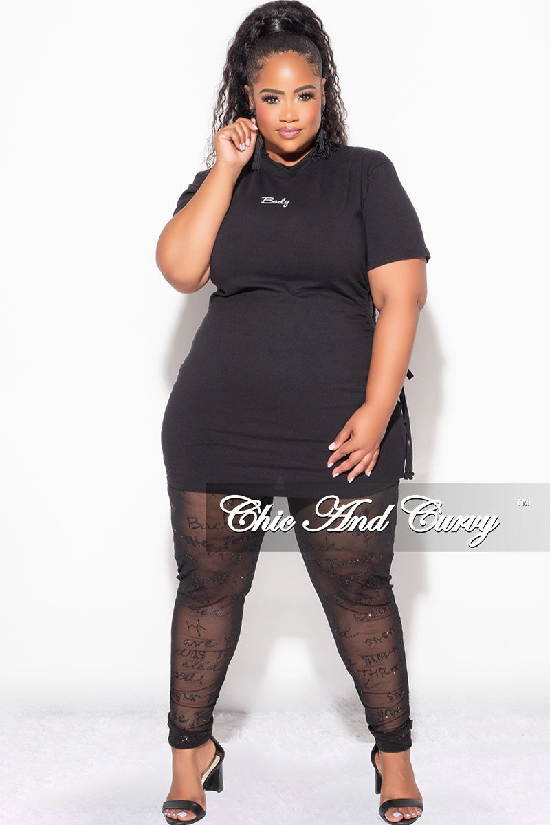 NonSlipInnerGrip Perfectly Fit Final Sale Plus Size 2pc Top with Side Cutout and Mesh Glitter Leggings Set in Black