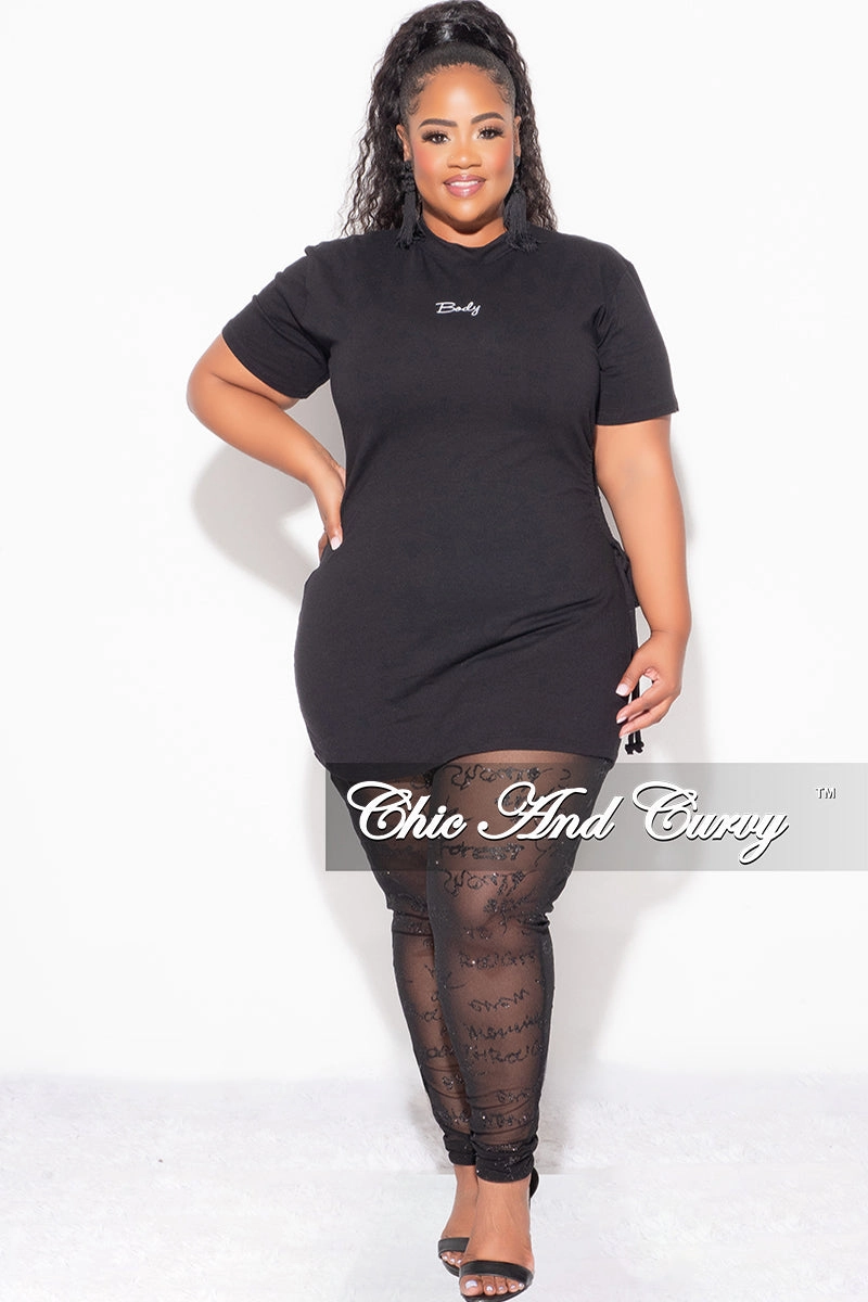 snag resistant Final Sale Plus Size 2pc Top with Side Cutout and Mesh Glitter Leggings Set in Black