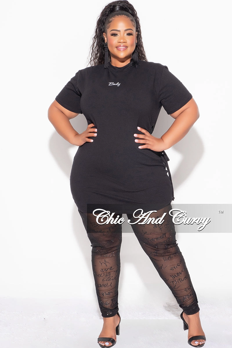 Final Sale Plus Size 2pc Top with Side Cutout and Mesh Glitter Leggings Set in Black Back pockets