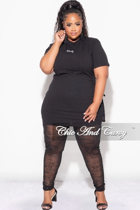 NonSlipInnerGrip Perfectly Fit Final Sale Plus Size 2pc Top with Side Cutout and Mesh Glitter Leggings Set in Black