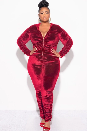 Final Sale Plus Size 2pc Ruched Hooded Zip-Up Top and Pants Set in Burgundy Velvet Loose Design