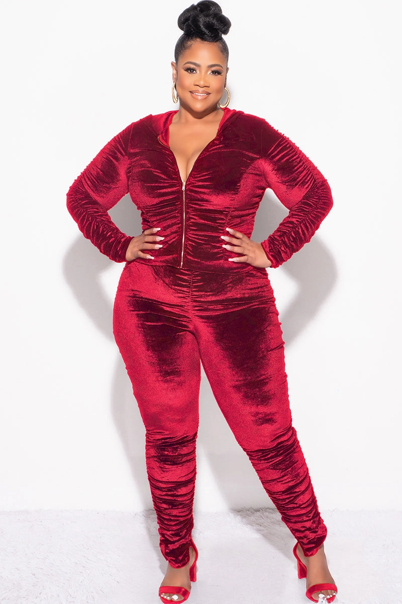Final Sale Plus Size 2pc Ruched Hooded Zip-Up Top and Pants Set in Burgundy Velvet Fashionable Design