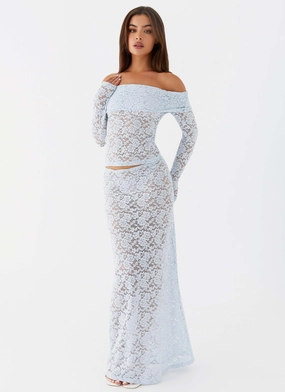 Breathable Weave Fabric Zephyra Lace Maxi Skirt - Blue Cloud