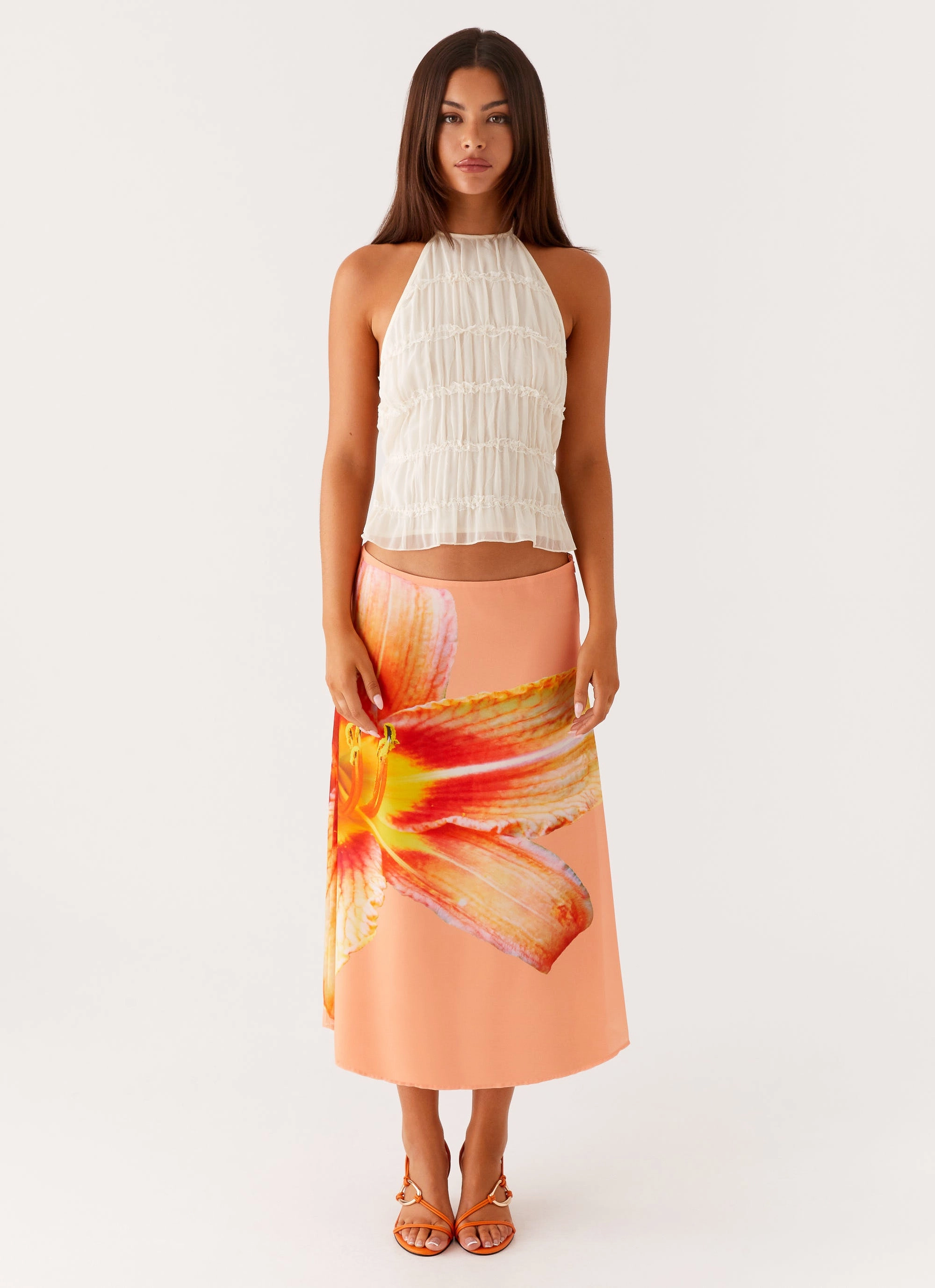 Summertime Midi Skirt - Orange Floral Active Flex Wrinklefree