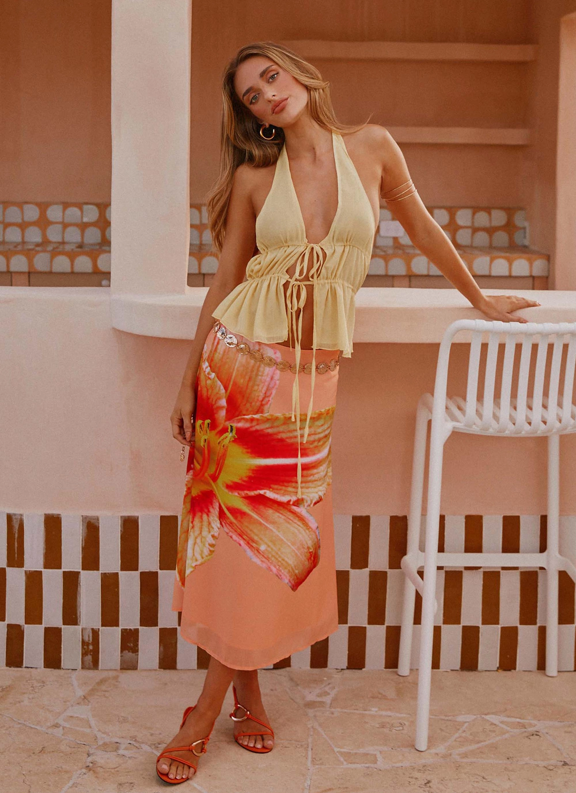 Summertime Midi Skirt - Orange Floral Mid-rise fit Breathable mesh