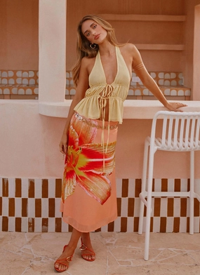 Summertime Midi Skirt - Orange Floral Mid-rise fit Breathable mesh