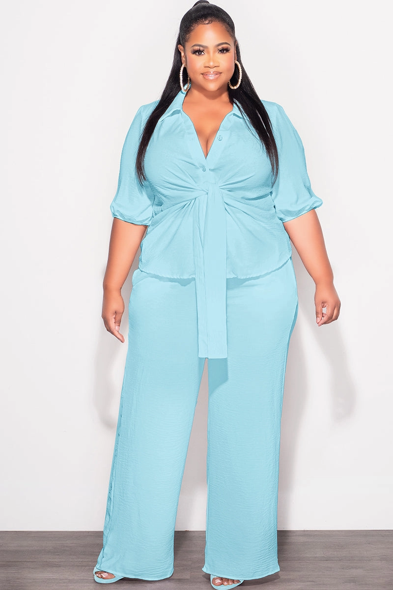 Final Sale Plus Size 2pc Button Up Collar Top and Pants Set in Aqua Linen Neutral Fit