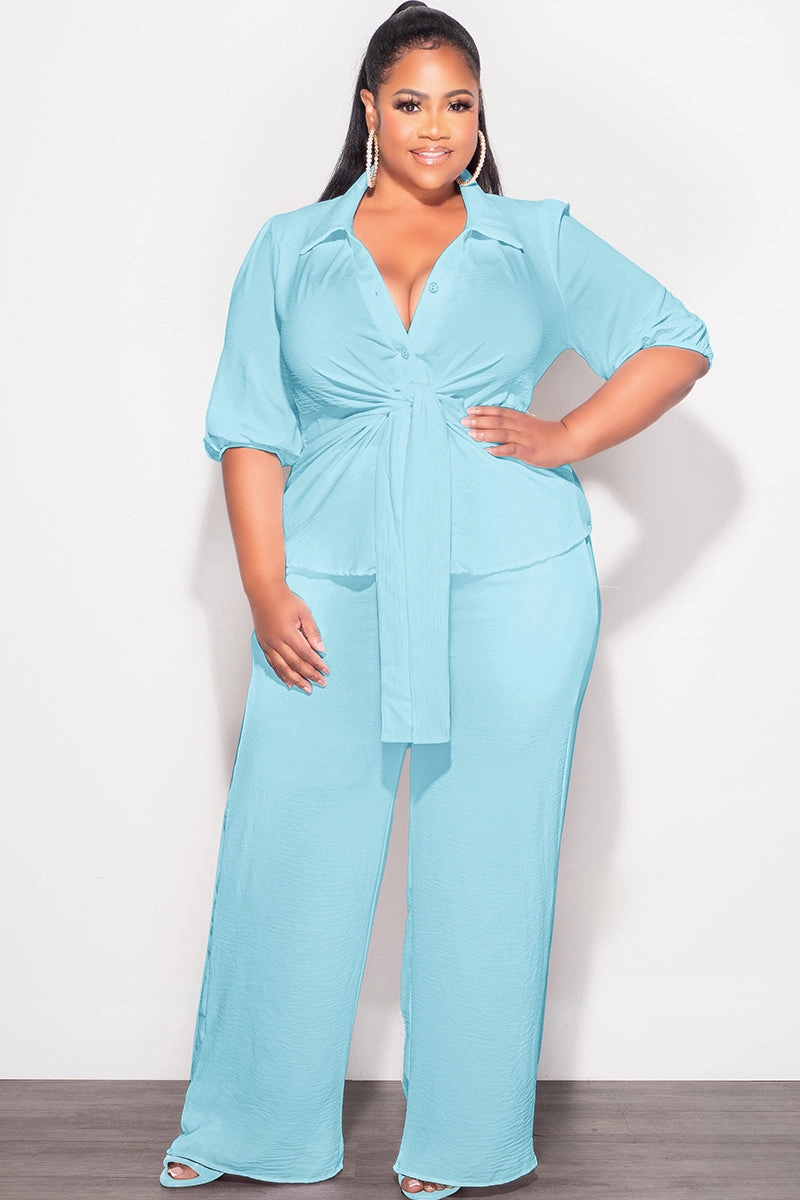 Final Sale Plus Size 2pc Button Up Collar Top and Pants Set in Aqua Linen Static free