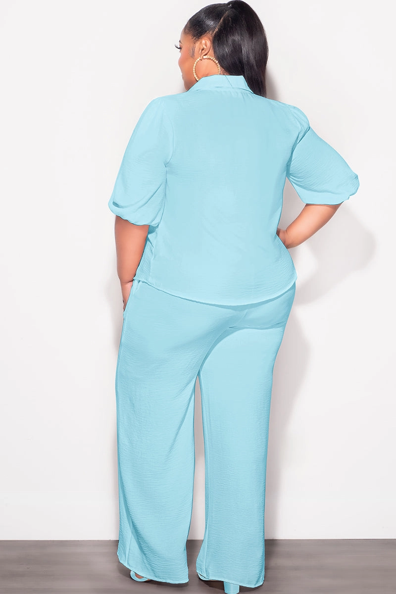 ReinforcedSeams Sporty Cut Final Sale Plus Size 2pc Button Up Collar Top and Pants Set in Aqua Linen
