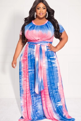 Final Sale Plus Size 2pc Set Cropped Tie Top & Pants in Pink, Blue, and White Tie Dye Print Smart Design Perfect Comfort